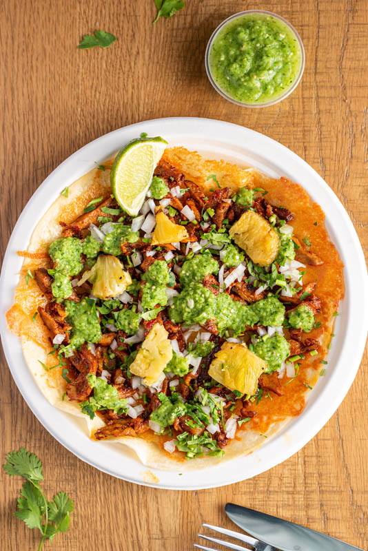 Bird's eye view of taco served at Tacos Rudos in Budd Dairy Food Hall, Columbus, Ohio