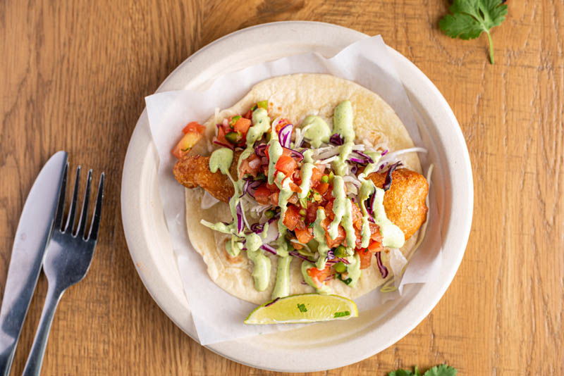 Bird's eye view of taco served at Tacos Rudos in Budd Dairy Food Hall, Columbus, Ohio