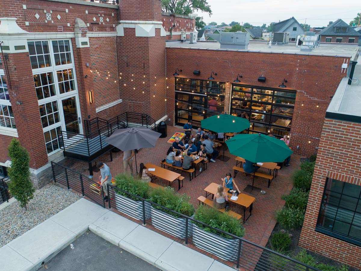 Aerial view of outdoor beer garden at Budd Dairy Food Hall