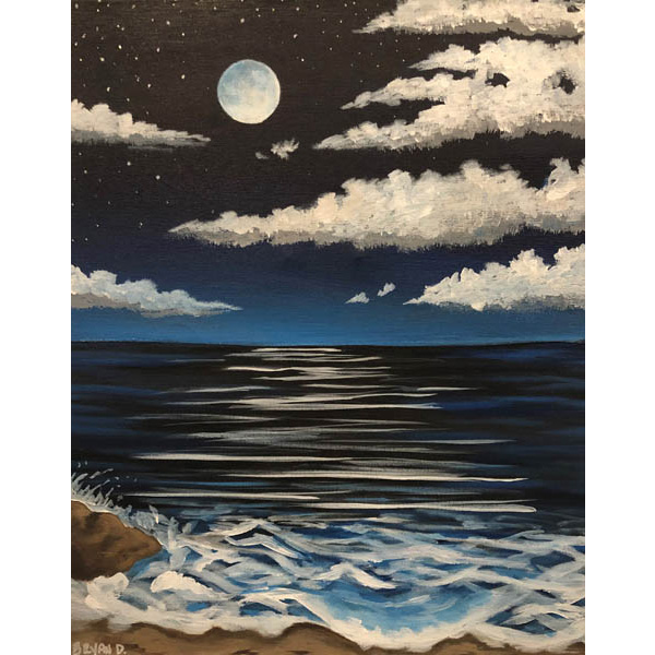 Acrylic painting showing moonlit beach with clouds in sky.