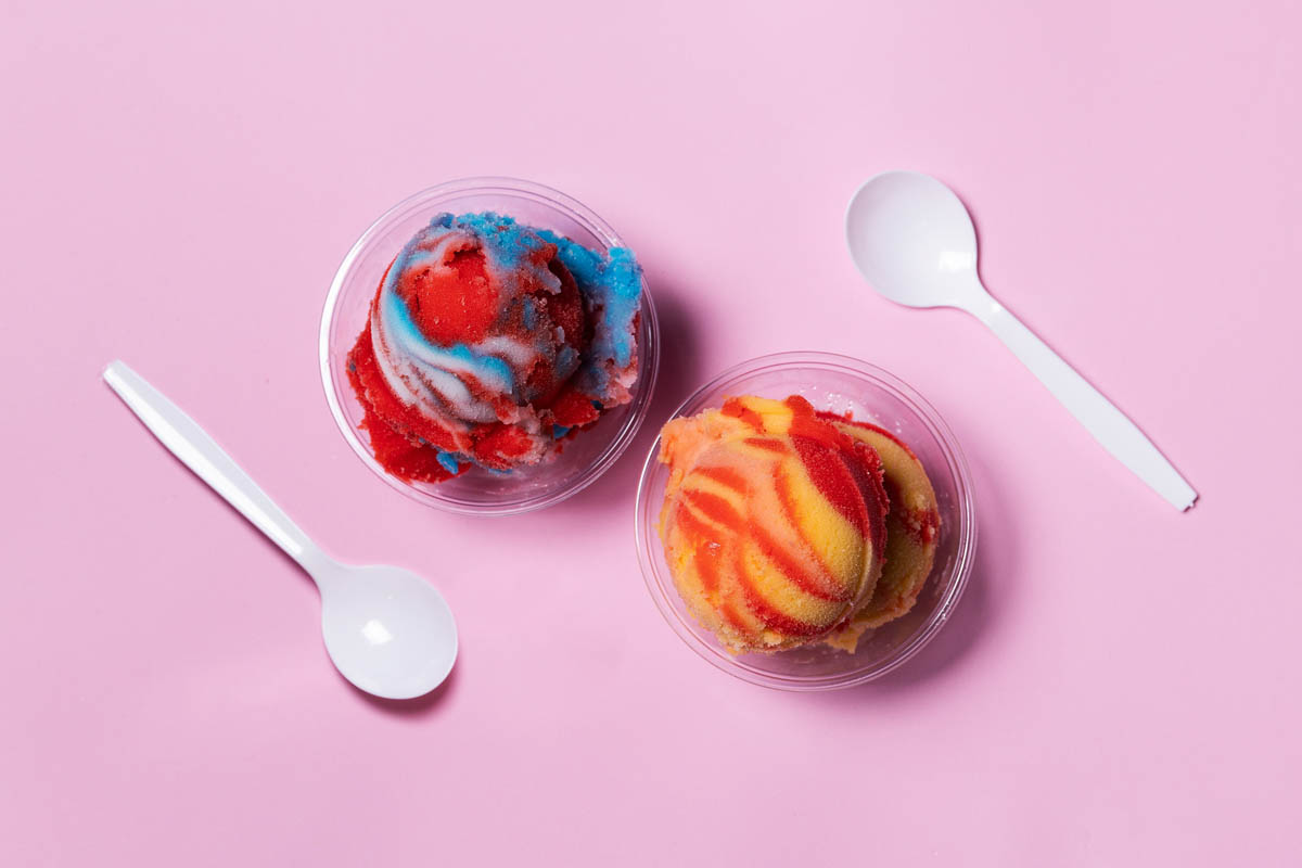 Two rainbow selections of Marlow's Cheesesteaks Water Ices