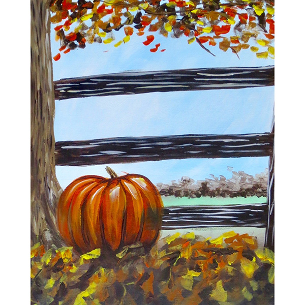 Painting of pumpkin next to a tree and fence.