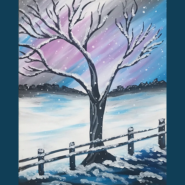 Acrylic pinging of a tree in a winter landscape at dusk