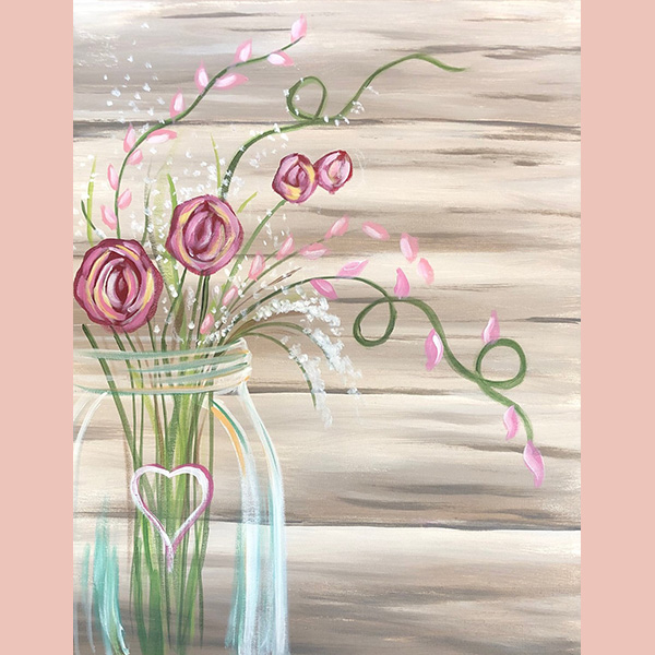 Painting of pink flowers in a vase with rustic board background