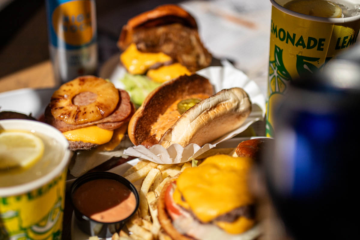 Array of burgers and sandwiches served at Burger Royale at Budd Dairy Food Hall in Columbus, Ohio.